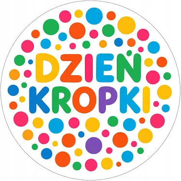Okrągła grafika z kolorowych kropek z napisem „Dzień Kropki”